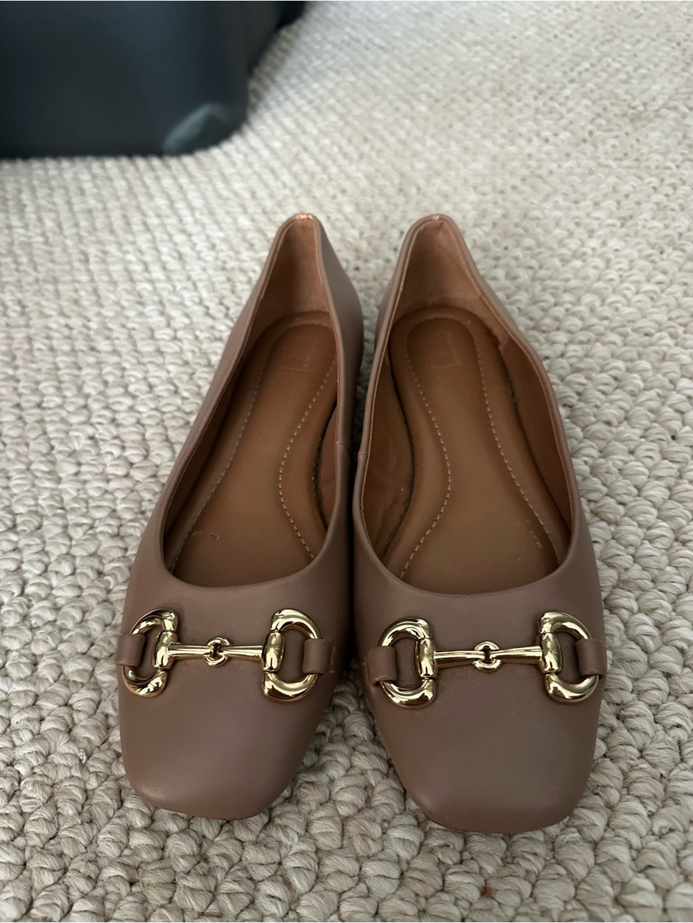 Women's Tan Square-Toe Ballet Flats with Gold Bit Detail